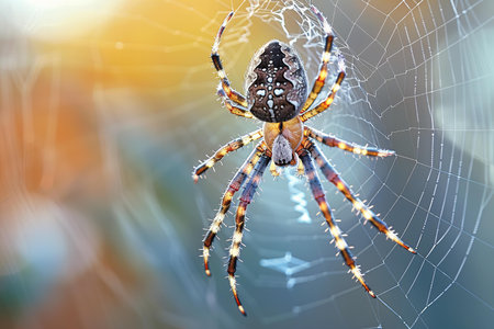 Spider on the web in the morning light. Macro photo with shallow depth of field