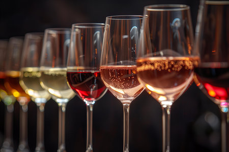Glasses of red, rose and white wine on a dark background