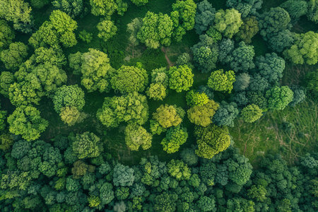 Aerial view of green forest in summer. Top view from drone.
