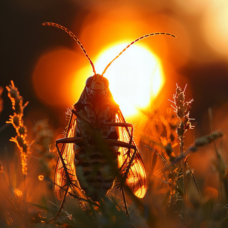 Image of grasshopper on sunset background. Insect. Animal.