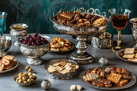 Traditional oriental sweets and cookies in a silver bowl on the table