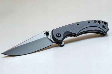 Knife with a black handle on a white background close-upの写真素材