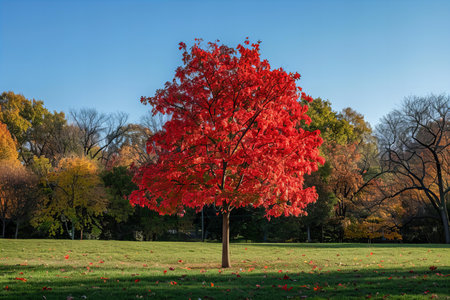 Autumn landscape with red maple tree in the park at sunny day
