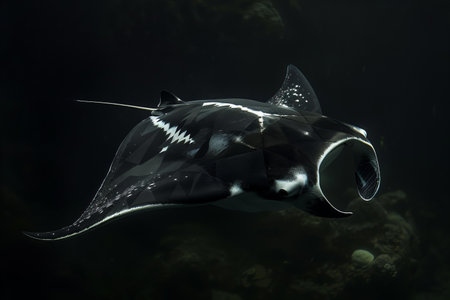 Manta ray swimming in a dark water. Underwater world.