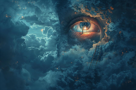 Eye of God with ladder in the sky. 3D illustration.
