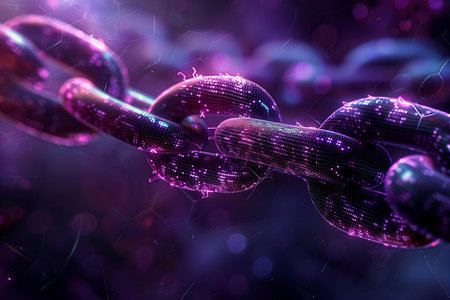 3D rendering of abstract digital chain links on dark background with light effects