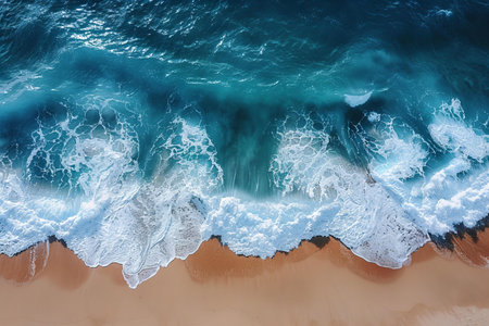 Aerial view of waves crashing on the sandy beach. Top view