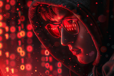 Hooded man in red sunglasses with binary code on the background