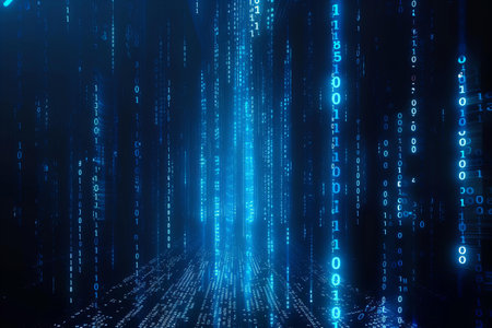 Blue matrix background with binary code. Digital cyberspace concept. 3D Rendering
