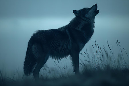 Portrait of a wolf in a foggy field. Toned.