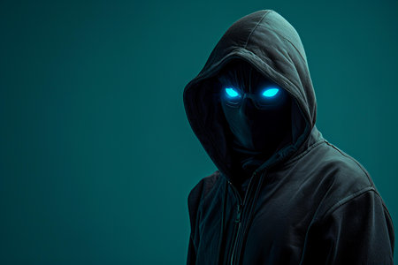 Hooded man in a black hoodie and mask on a blue backgroundの写真素材