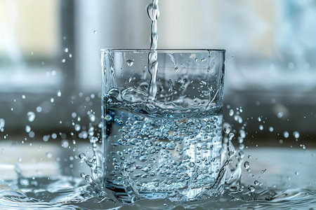 Water splashing into a glass with water drops, close-up