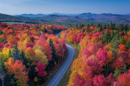 Aerial view of a mountain road in the autumn forest. Colorful trees in fall season.