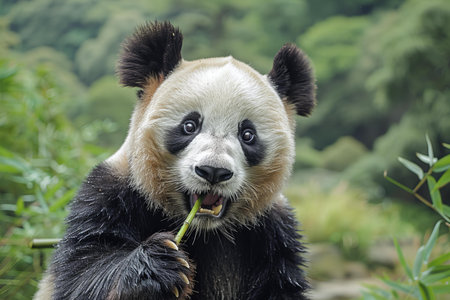 Giant panda eating bamboo in the forest. Animal portrait.