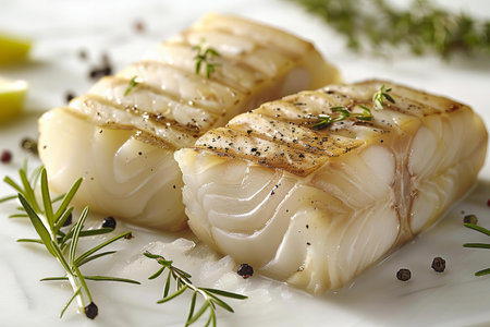Delicious cod fish fillet with herbs on plate, closeup