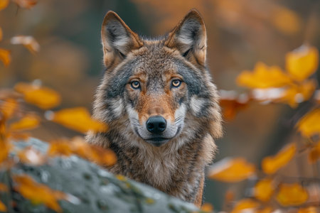 Close-up portrait of a wolf in the autumn forest. Wildlife scene from nature.