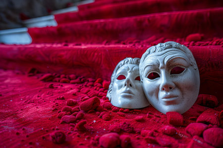 Carnival masks on a red carpet in Venice, Italy.