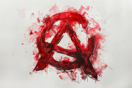 Peace symbol painted in red on a white background with space for textの写真素材