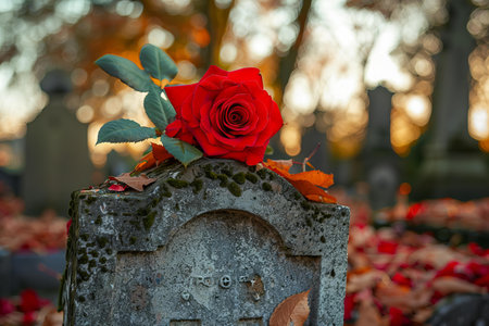 A red rose on a gravestone at a cemetery in autumn.の写真素材