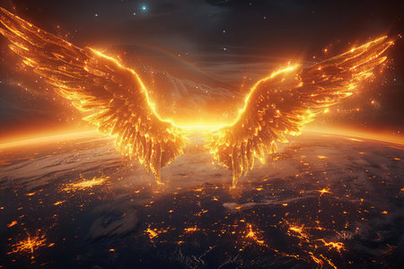 3d rendering of an angel wings flying in space with glowing stars