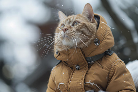 ginger cat in a jacket on a walk in the winterの写真素材