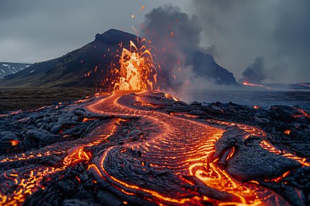 Volcanic eruption on Kamchatka peninsula in summer, Russia
