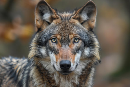 Portrait of a gray wolf in the autumn forest, close-up