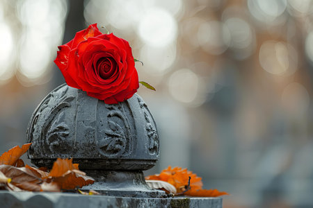 Red rose on a grave stone in a cemetery in Paris, Franceの写真素材