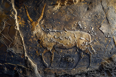 Rock paintings on the wall of a cave. The picture was taken in the cave.の写真素材