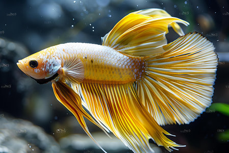 Capture the moving moment of yellow siamese fighting fish isolated on black background. betta fish.の写真素材