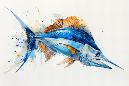 Blue marlin fish on a white background. Watercolor painting.の写真素材