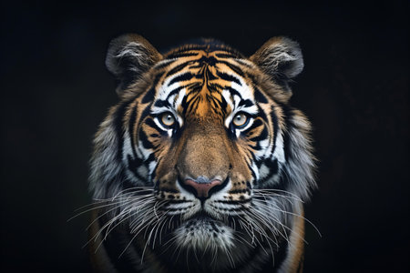 Portrait of a tiger on a dark background. Close-up.