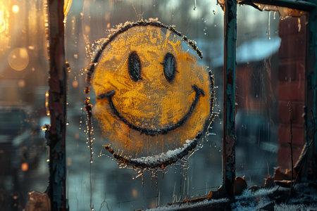 Smiley face on the frosted window of an old abandoned houseの写真素材