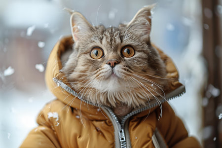 Cute cat in warm jacket outdoors on winter day, closeupの写真素材
