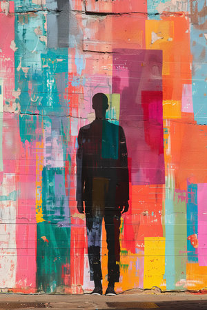 Silhouette of a man standing in front of graffiti wall.の写真素材