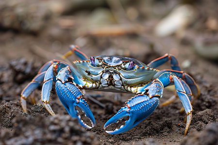 Blue crab on the ground, close-up, shallow depth of fieldの写真素材