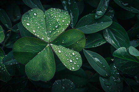 Green clover leaves with water drops closeup. Nature background.
