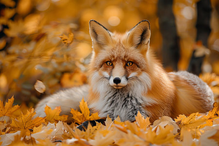 Red fox in the autumn forest. Portrait of a wild animal.の写真素材