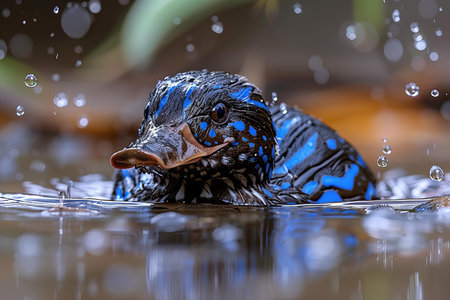 Close-up of a blue mallard duck taking a bath in the waterの写真素材
