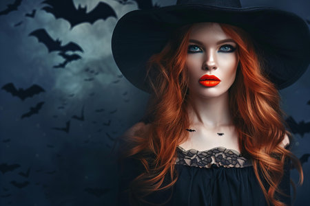 Portrait of a beautiful red-haired witch in a black hat on the background of bats. Halloween.