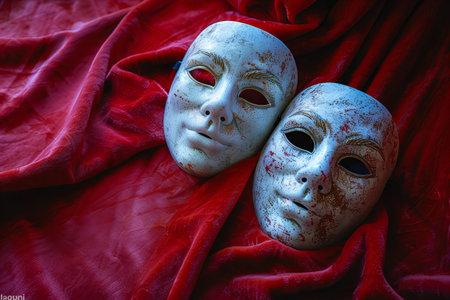 Theatre concept with the theatre masks on red fabric background. Toned.の写真素材