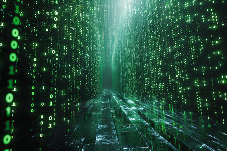 Binary code in the dark tunnel. The concept of cyber securityの写真素材