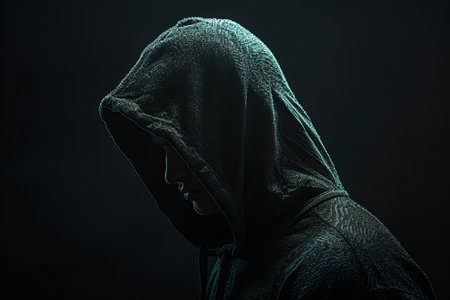 Hooded man in a black hoodie on a dark backgroundの写真素材