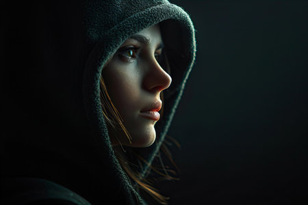portrait of a beautiful girl in a hood on a black backgroundの写真素材