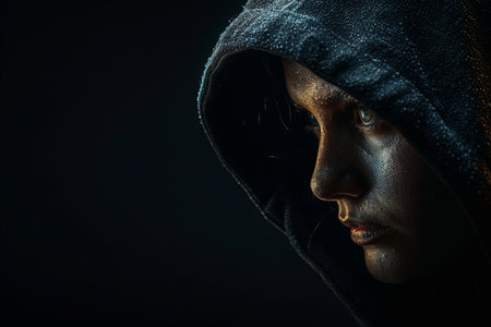 Close-up portrait of a woman in a hood on a dark backgroundの写真素材
