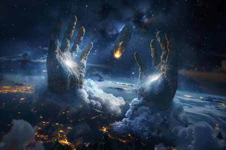Space scene with alien hand, moon and stars. 3D rendering