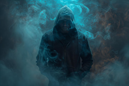 Portrait of a man in a black hoodie with a hood on his head in a cloud of blue smoke.