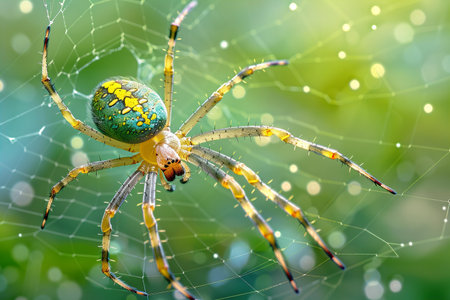 Spider on web with bokeh background, closeup of photoの写真素材