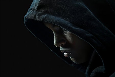 Portrait of a young man in a hood on a black backgroundの写真素材