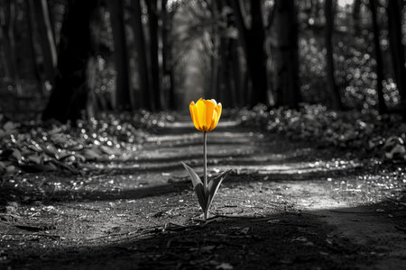 Yellow tulip on the ground in the park. Black and white photo.